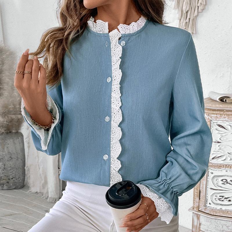 Women Spring Autumn Ruffles Lantern Sleeve Lacework Solid Color Elegant Shirt Top