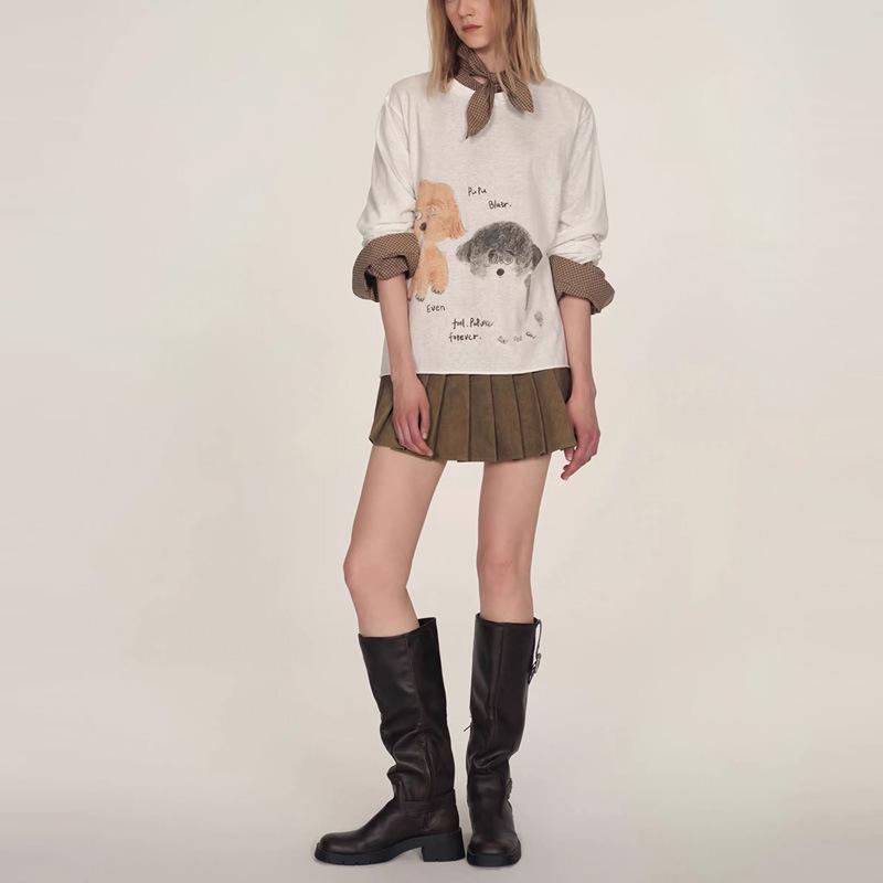 ID25 Ранняя осень Принт щенка Подвернутый край Длинный рукав Свободный пуловер