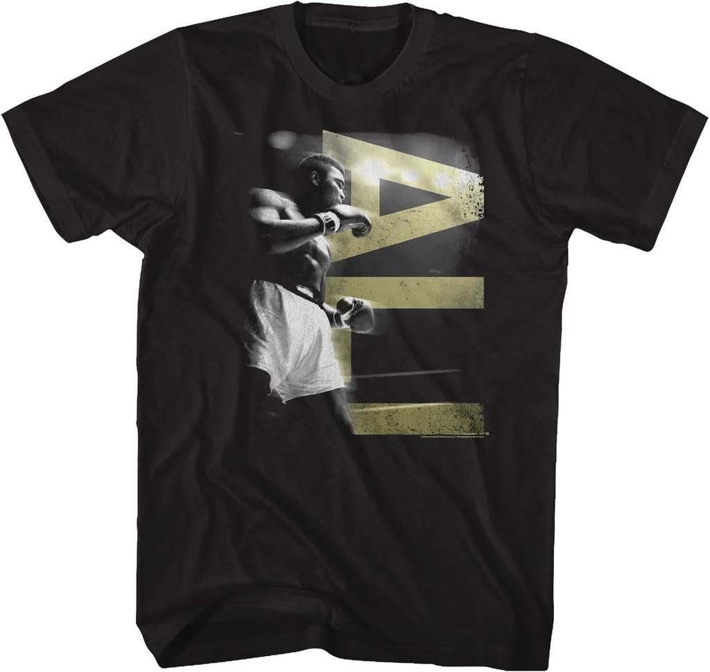 Muhammad Ali In A Boxing Stance with Ali In Gold Letters Black Adult T-Shirt