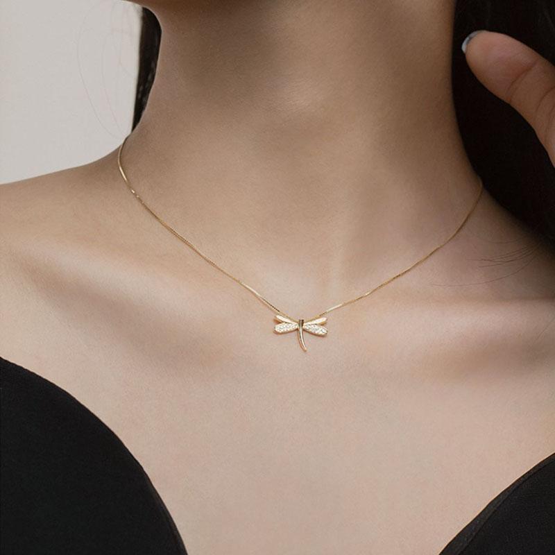 ANENJERY Zircon Dragonfly Necklace Ladies Elegant Clavicle Chain Korea Fashion Jewelry Gift