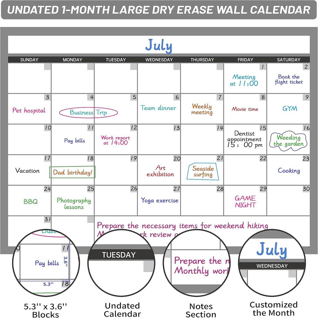 Large Dry Erase Calendar for Wall, Undated 1 Month Wall Calendar, 40" x 28" Erasable & Reble Laminated Calendar, 10 Round Stickers, Great Layout Wall