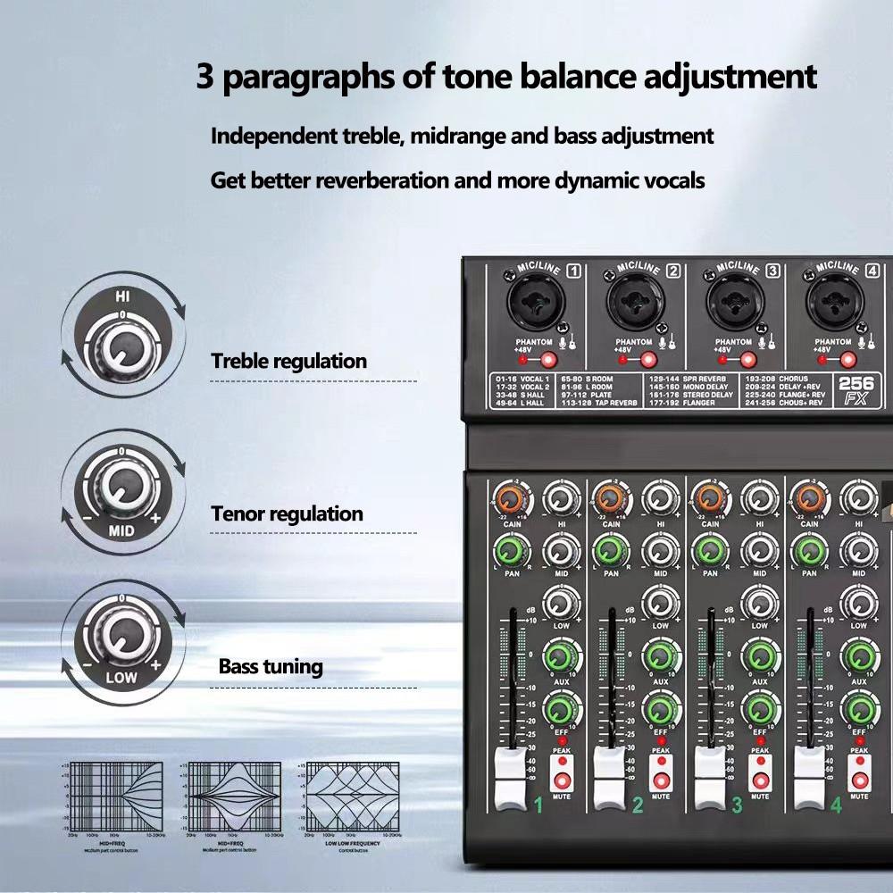 256DSP Outdoor USB Sound Card Home KTV Bluetooth 4/6 Channel Mixer Professional Mixer Audio System 16 Digital Reverberation
