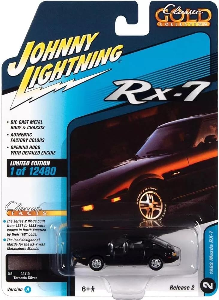 Johnny Lightning Масштабная модель автомобиля Mazda 1982 Черный литой металл с открывающимся капотом 1/64 RX-7 [Б/у]