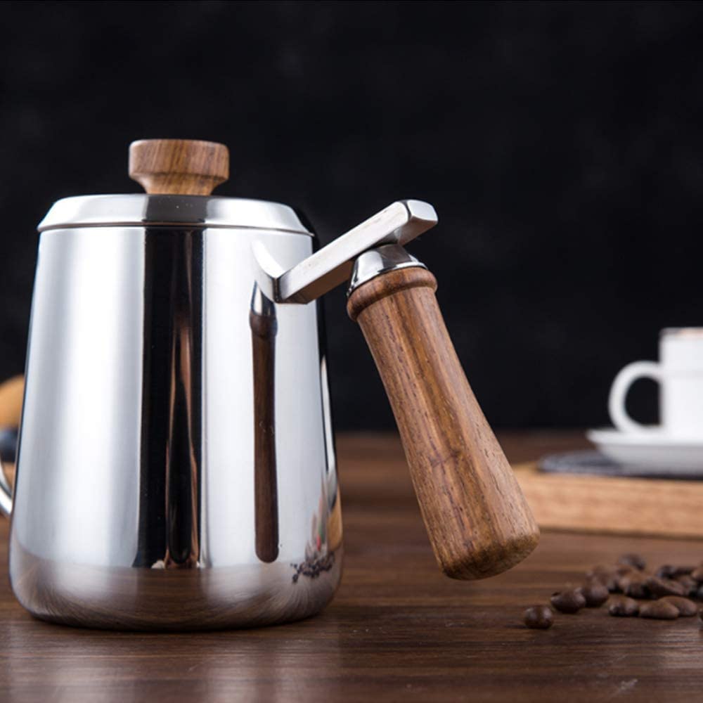 FUN COFFEE Drip Pot, Direct Heat, Narrow Mouth, 600ml, Popular Drip Pot with Wooden Handle, Stainless Steel, and Lid (co-0005)