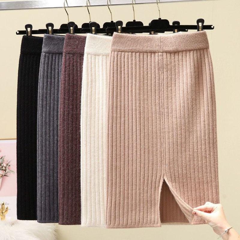 Split Knitted Half Skirt Wrapped Hip One Step Skirt Women Mid Length 2023 Autumn/Winter New Long Skirt Woolen Sweater Skirt