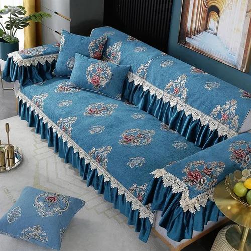 Four Seasons Chenille Armchair Cushion Big Flower Non-slip Cushion Sofa Set Green Color Big Skirt Hem 18cm Lace Sofa Towel