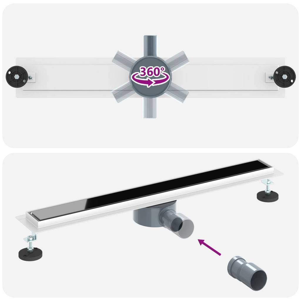 Shower Drain with Glass Cover and 360 degrees Siphon Black 70 cm