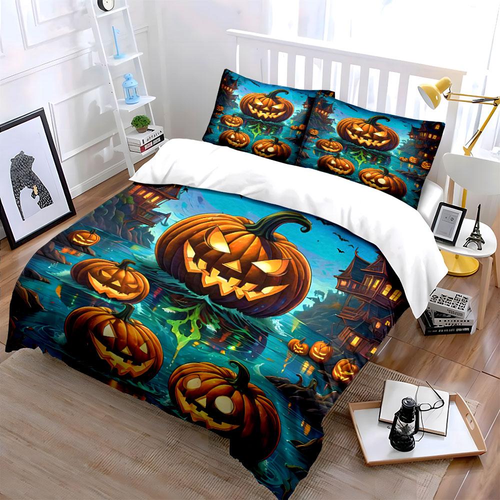 Haunted Pumpkin Halloween Scene Bedding Duvet Cover Set Duvet Cover Pillowcases (1*Duvet Cover 2*Pillowcases, without duvet insert)