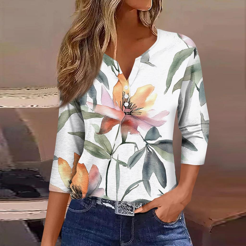 Женская модная повседневная футболка с цветочным принтом, V-образным вырезом, коротким рукавом, декоративными пуговицами и рукавом три четверти