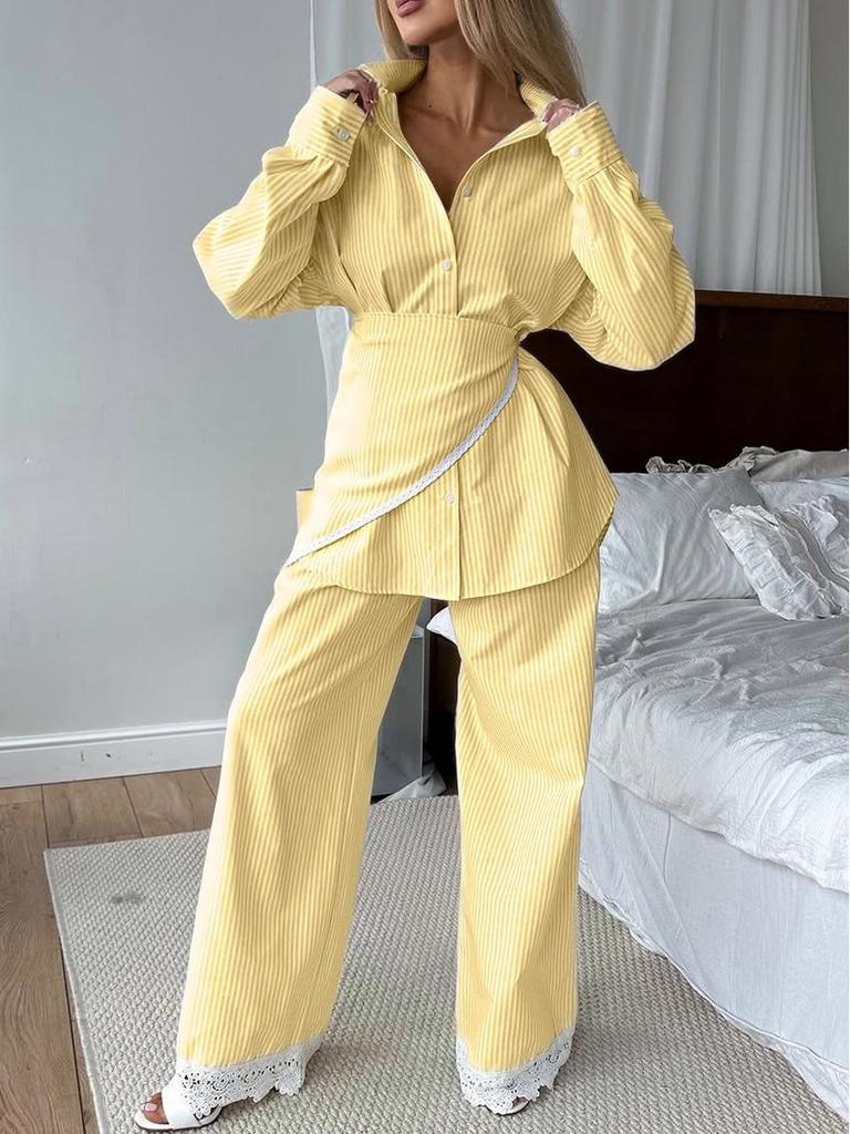 Свежий свободный кружевной полосатый трехпредметный комплект Осень 2025: Стильный повседневный дизайн