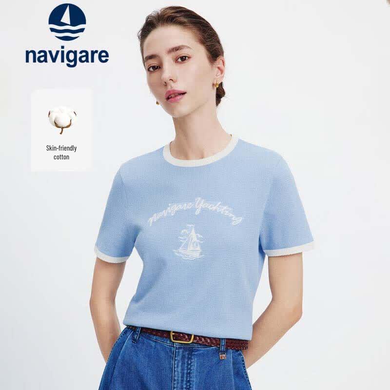 Navigare Женская летняя вязаная футболка с коротким рукавом в стиле колор-блок