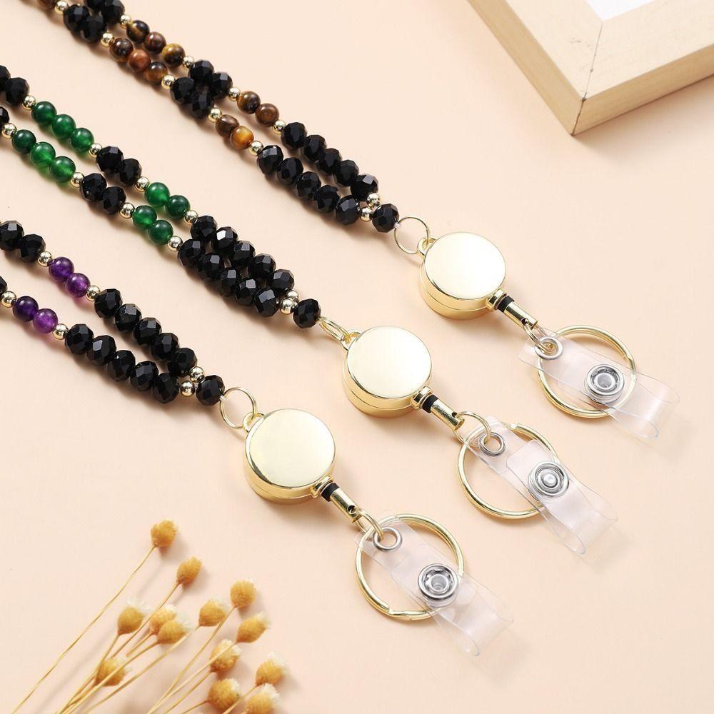 Fashion Crystal Beads Lanyard for ID Badges Natural Badge Card Holder  Nurse Accessories