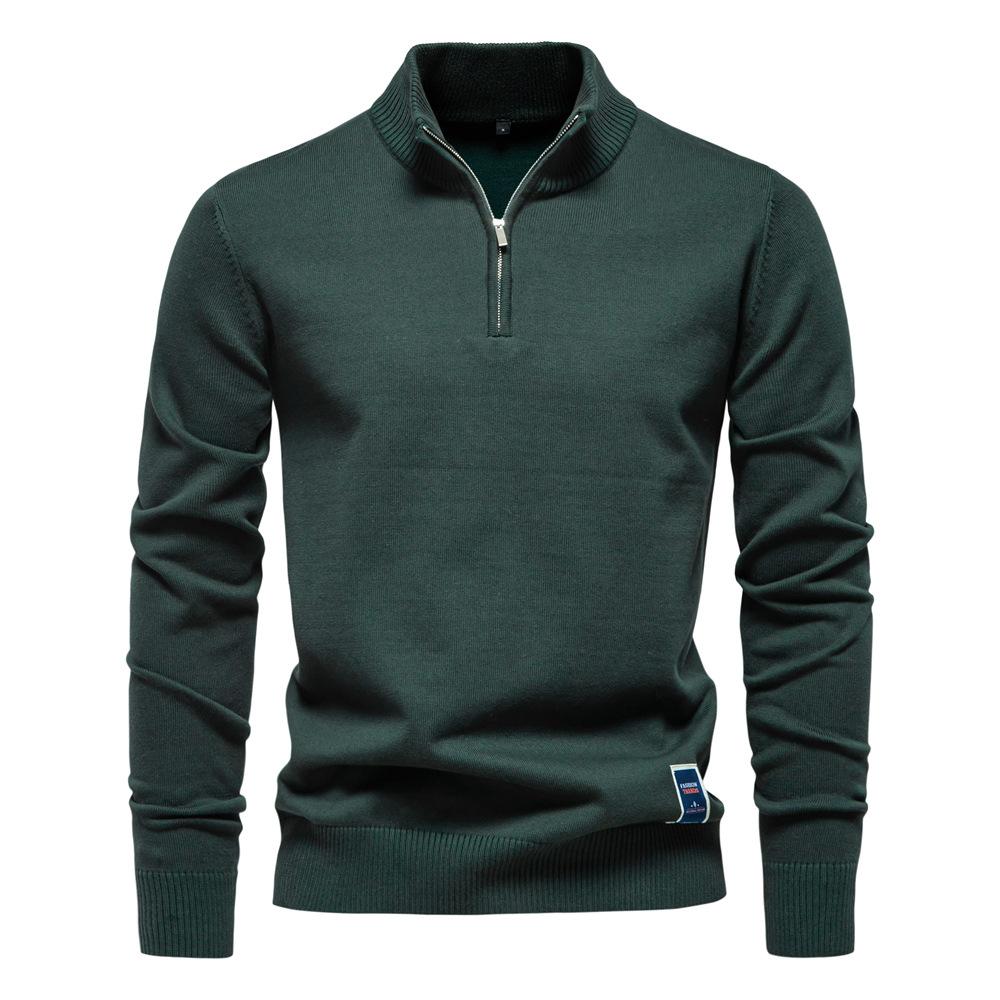 New Solid Color Cotton Sweater Men'S Stand Up Collar Half Zipper Slim Fit Men'S Knitted Sweater Top