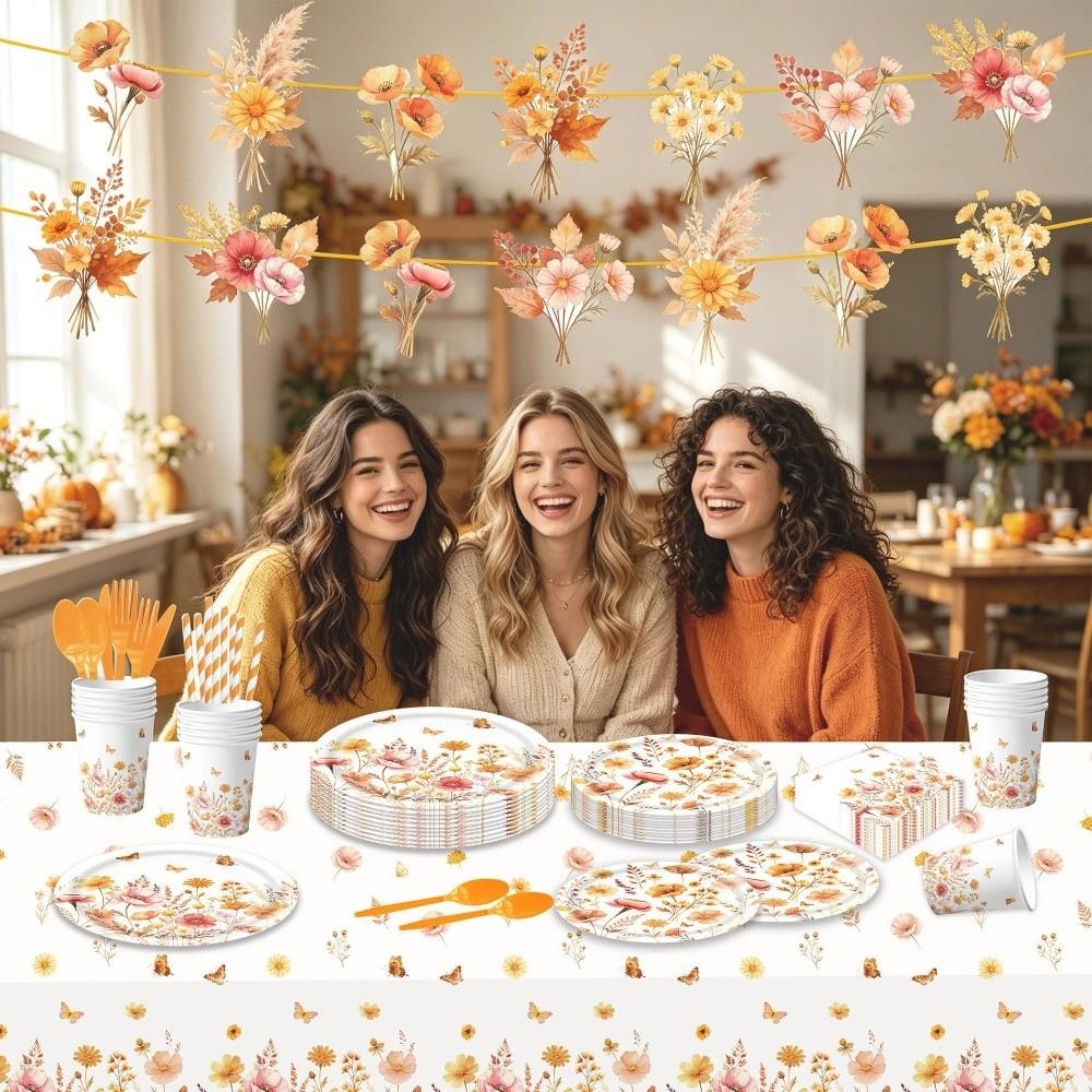 Orange Flowers Disposable Tablewares Autumn Theme Party Flatwares Kit Party Supplies