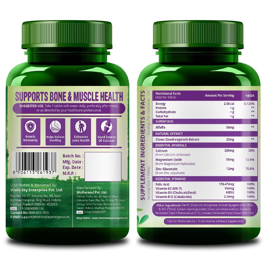 Vlado’s Himalayan Organics Alfalfa Calcium Tablets With Vitamin D3 K2 Magnesium Zinc For Bone Joint Muscle Support 120 Tablets