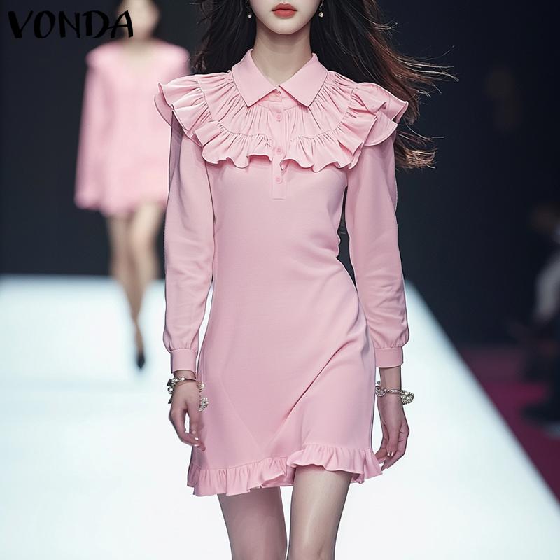 VONDA Women Elegant Lapel Ruffled Solid Color Long Sleeve Dresses