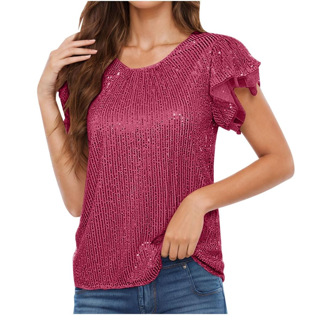 Women's Fashion Solid Color Round Neck Ruffle Sleeve Sequins Casual Blouse Tops