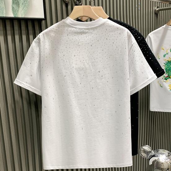 Летняя мужская футболка с декором из стразов, круглый вырез, свободный чистый цвет, пуловер с короткими рукавами, повседневная повседневная одежда средней длины, спортивный топ