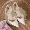 Fashion High Heeled Shoes Women's 2025 Summer with A Thin Heel and Pointed Toe A Straight Cut Lace Surface White Pearl Bridal Shoe Women