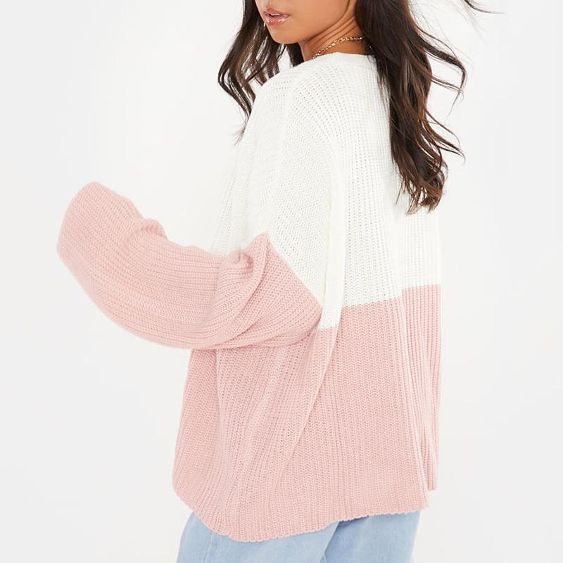 Wish Independent Station Splicing Color Loose Sweater Европейская и американская женская одежда Круглый вырез Вязаный свитер Джемпер