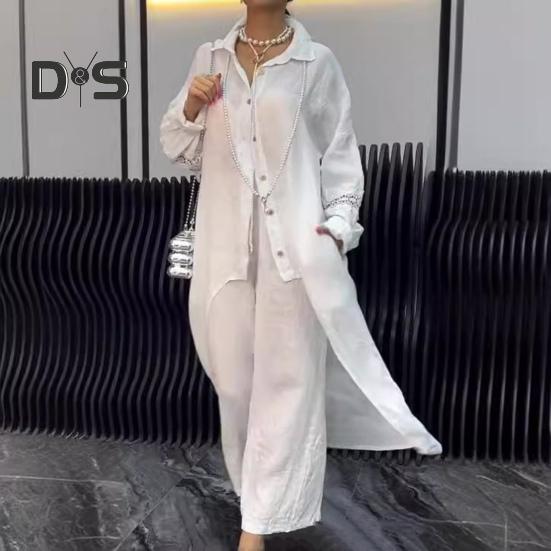 2 Pcs/Set Fall Spring Women Shirt Pants Set Long Sleeves Lapel Lace Cuff Button-down Irregular Hem Blouse Elastic Waist Trousers OL Commuting Sport