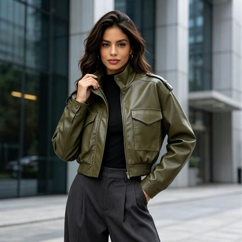 Womens Faux Leather Biker Jacket With Stand Collar Front Pockets Short Length Street Style