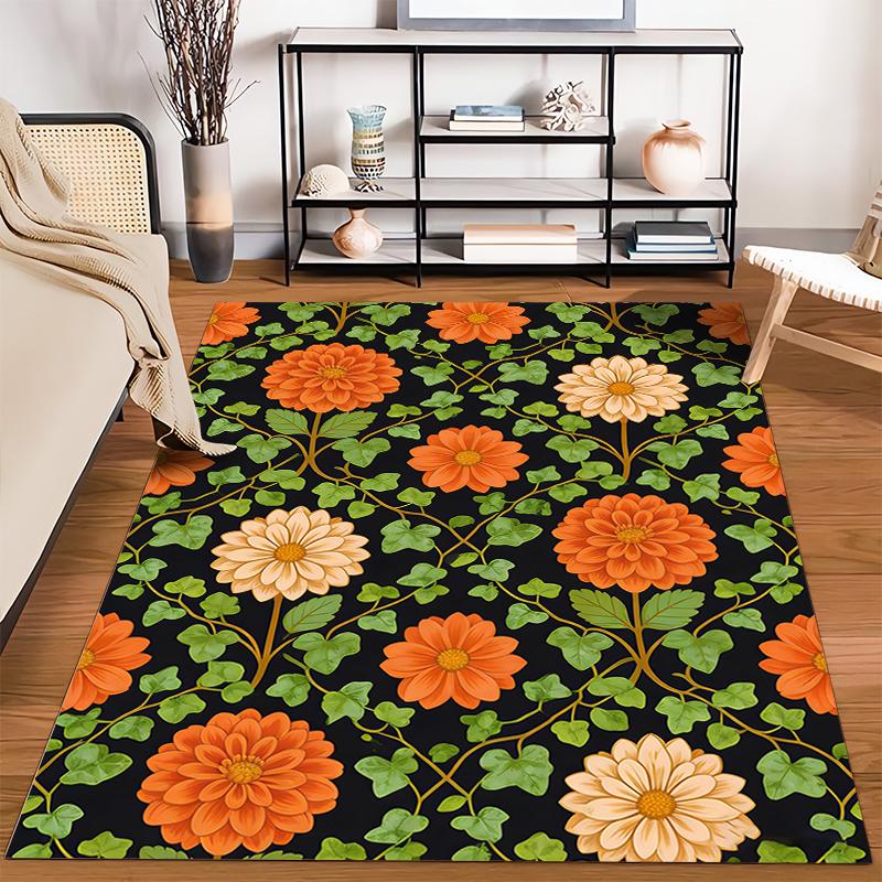 Floral Carpet with Orange and White Flowers on Black Background Suitable for use as an anti-slip for living room bedroom sofas