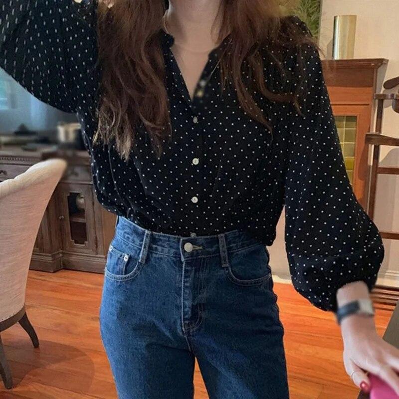 Женские однобортные свободные шифоновые блузки с длинным рукавом в горошек и круглым вырезом для отдыха, рубашки