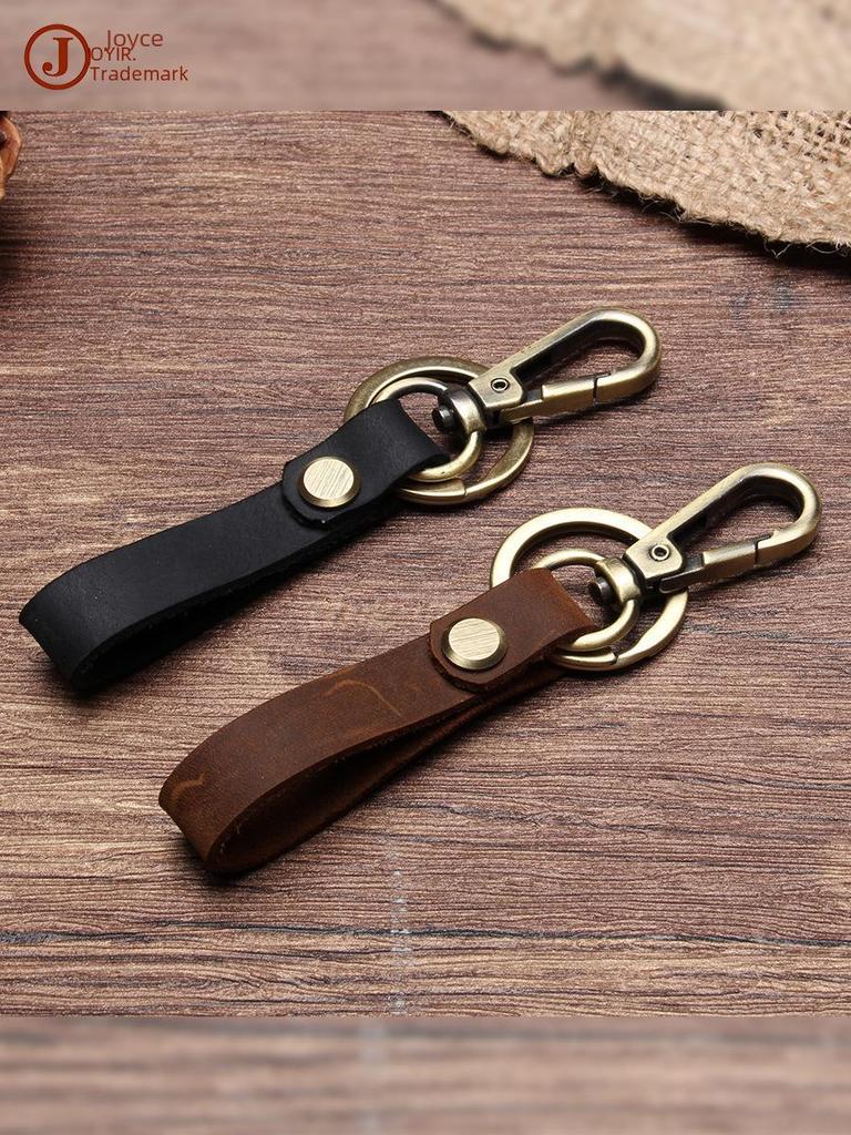 Men's Personalized Crazy Horse Leather Keychain with Metal Ring