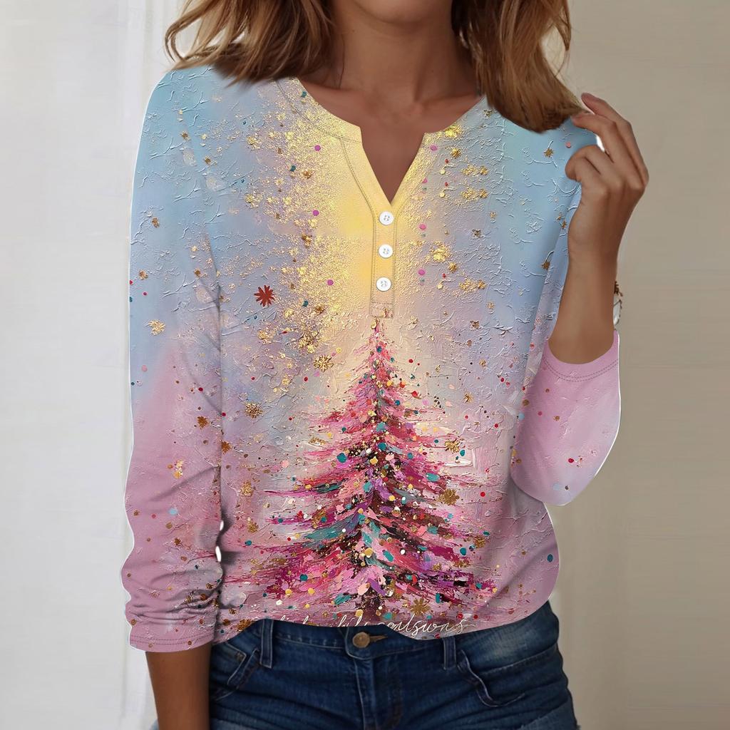 Women's Fashion Casual V-Neck Long Sleeve Decorative Button Christmas Print Top
