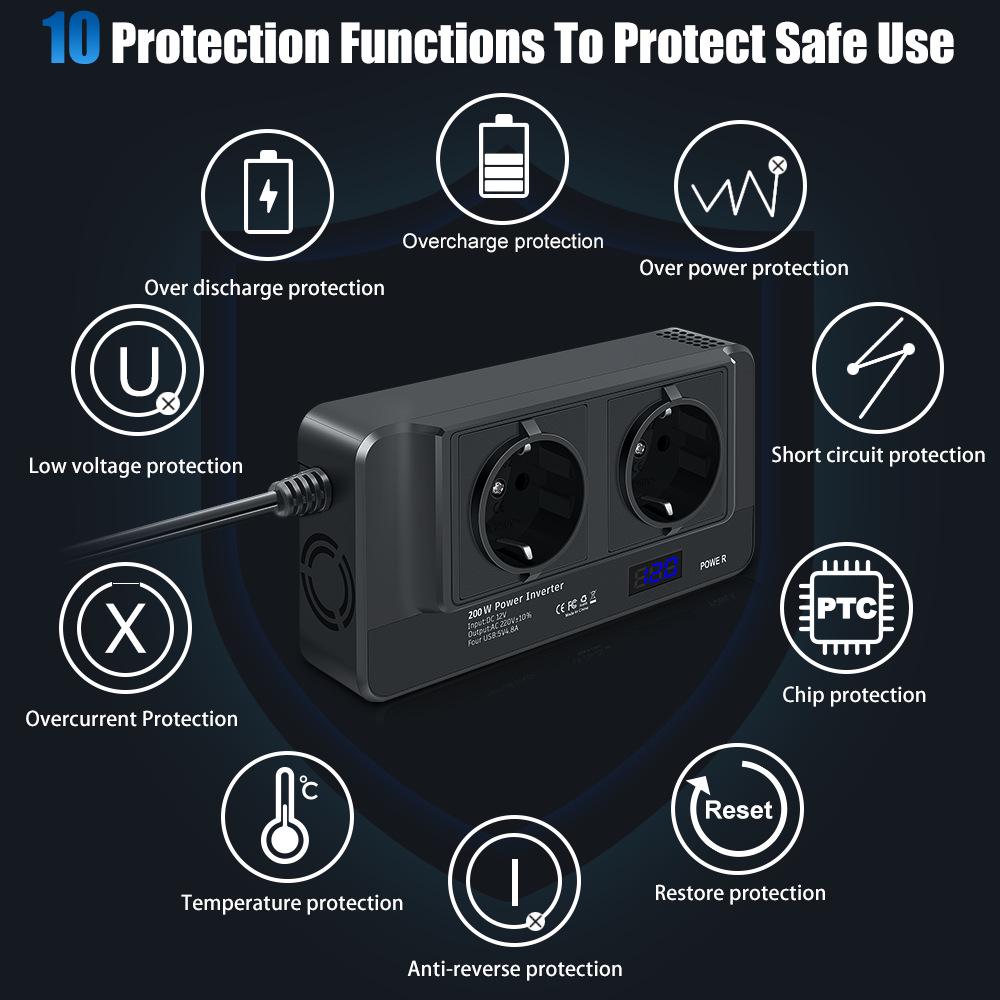 200W 12V Car Power Inverter with 2 Sockets & 4 USB Ports for Mobile Charging