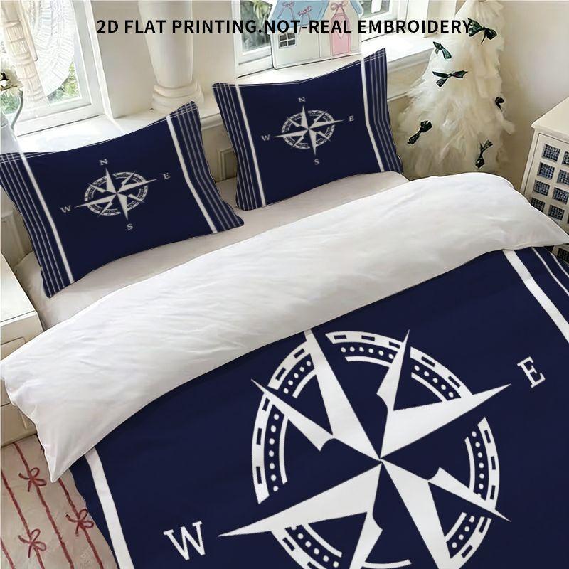 Nautical Compass Bedding Set, Navy Blue & White Nautical Print Duvet Cover with Pillowcases, 3-Piece Bed Linen for Bedroom Decor