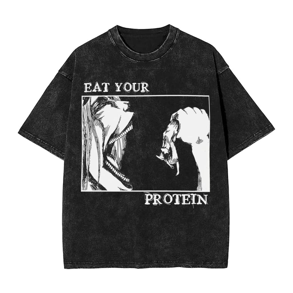 Washed T Shirts Eat Your Protein Aot Eren Yeager Attack on Titan Cool T-Shirts Street Streetwear Tee Shirt Men Women