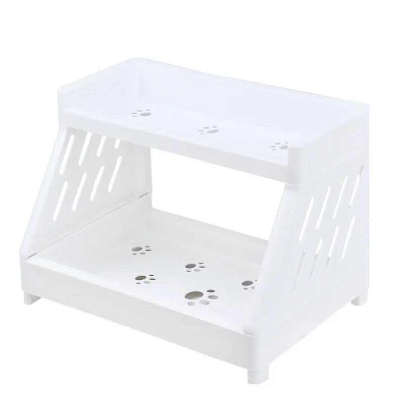 Белый двухъярусный настольный органайзер для хранения вещей, полка-витрина с вырезом в виде кошачьей лапки, для домашнего офиса и комнаты в общежитии, 2 уровня