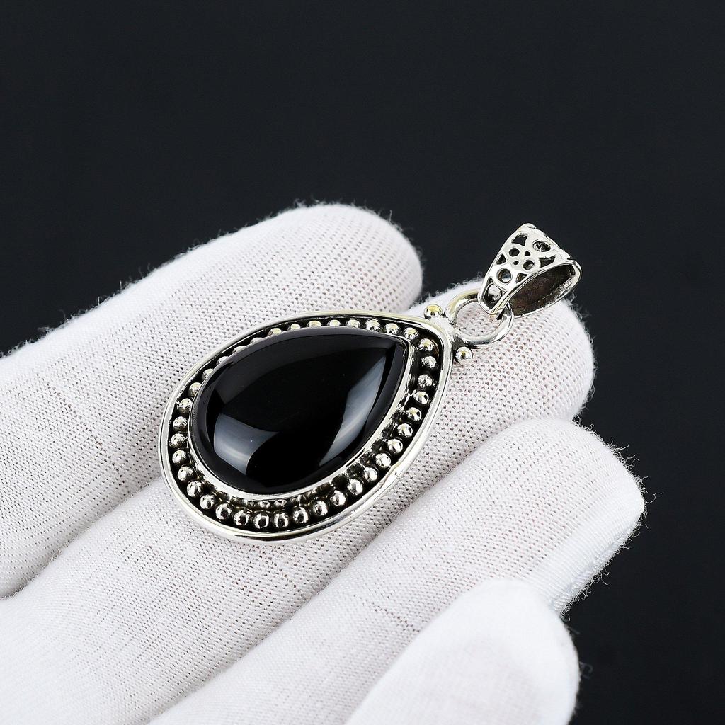 Драгоценный камень черный оникс, подвеска из стерлингового серебра 925 пробы ручной работы, натуральный черный камень оникс, подвеска из драгоценного камня черного оникса для подарков