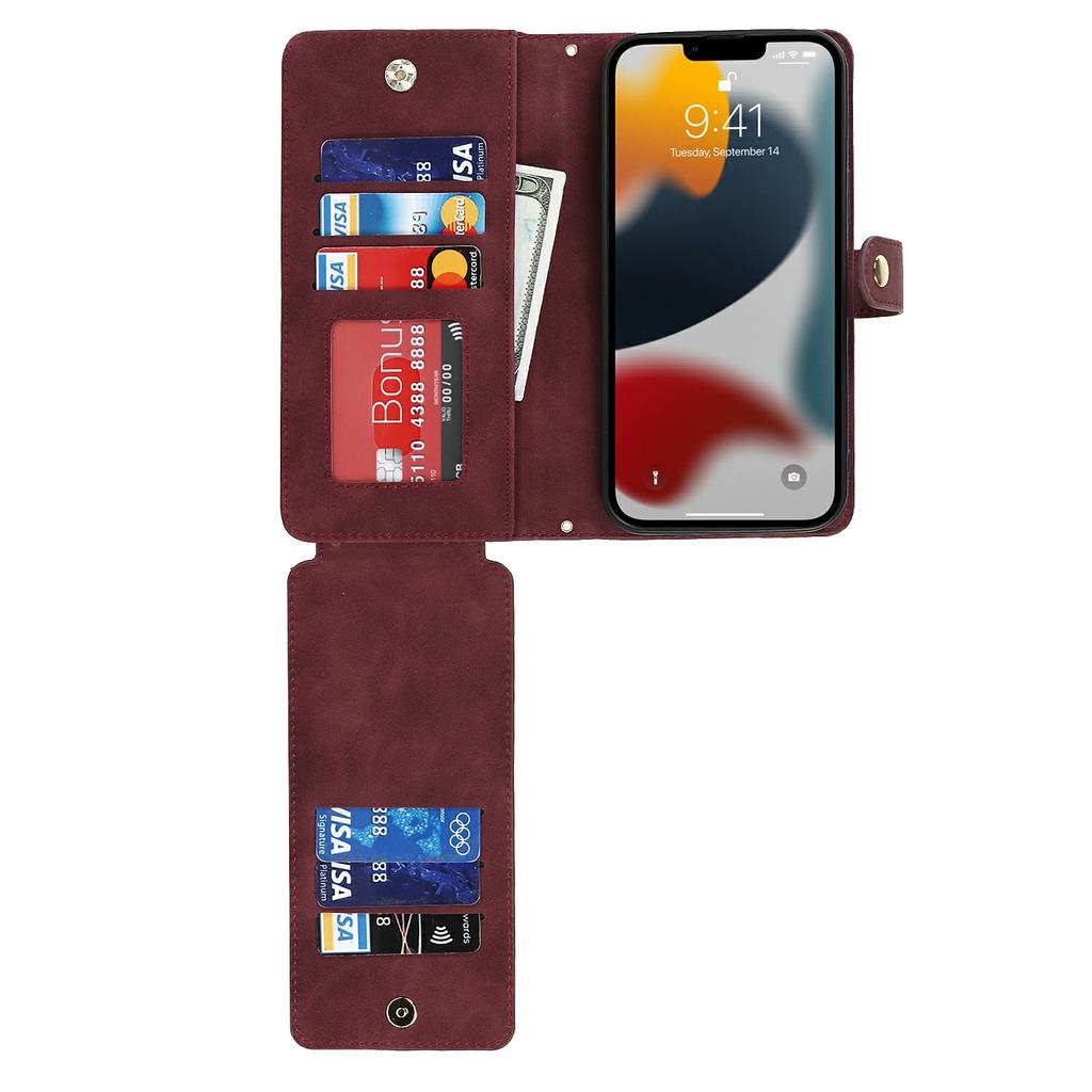 Чехол-подставка для iPhone 13 Pro из ПУ кожи, чехол для телефона с ремешками/кошельком на молнии/множеством слотов для карт