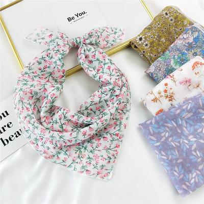 Floral Print Neckerchief Small Hijab Scarfs Women Fashion Handkerchief Neck Scarf Shawls Cotton Blends Korean Hair Scarves 58CM