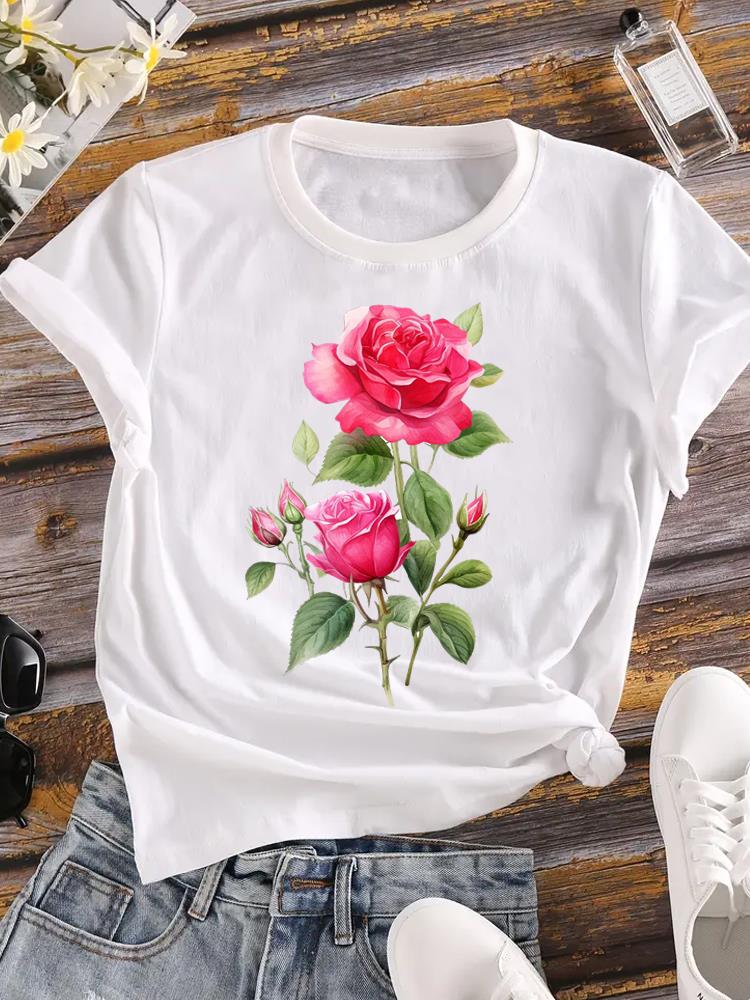 (Азиатский размер) Милая женская футболка с цветочным принтом, повседневная футболка с коротким рукавом и цветочным принтом, модные женские футболки с графическим принтом