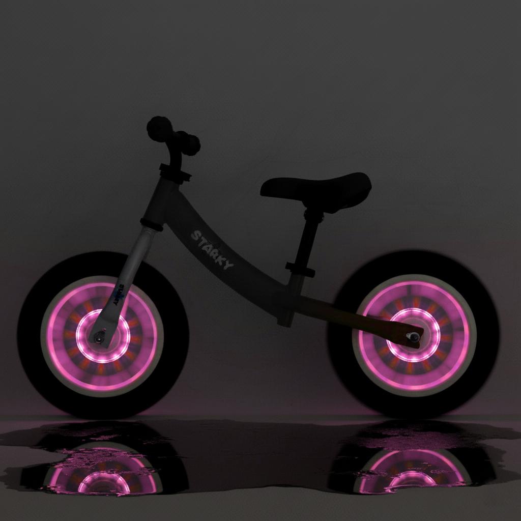 Purple balance bike with 12 wheels and LED lights, steel frame for girls