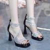 Fashion Platform Fashion Sandals Summer New Open-toe Chunky Rhinester Waterproof Table Back Zipper Quality High Heels