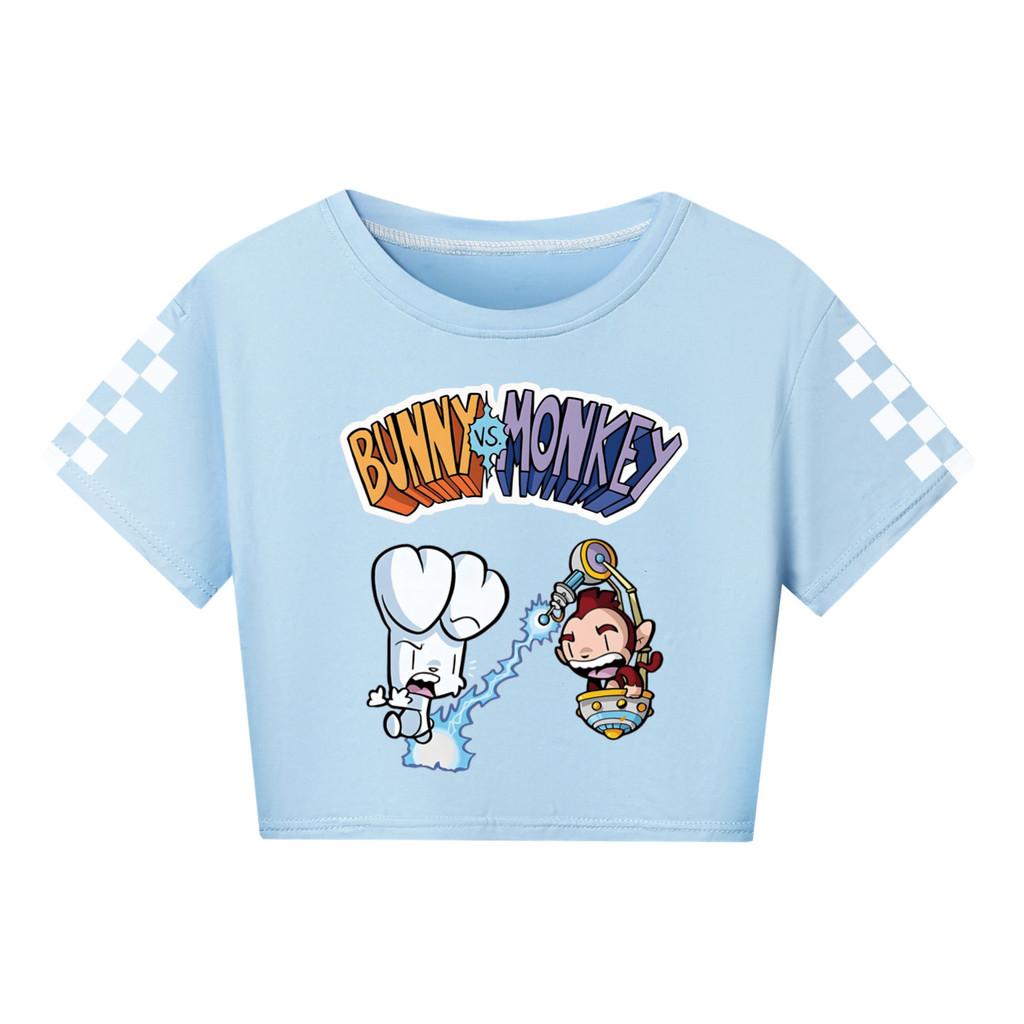 4187 Kid Girls Bunny Monkey Print Short Sleeve Short T-Shirt