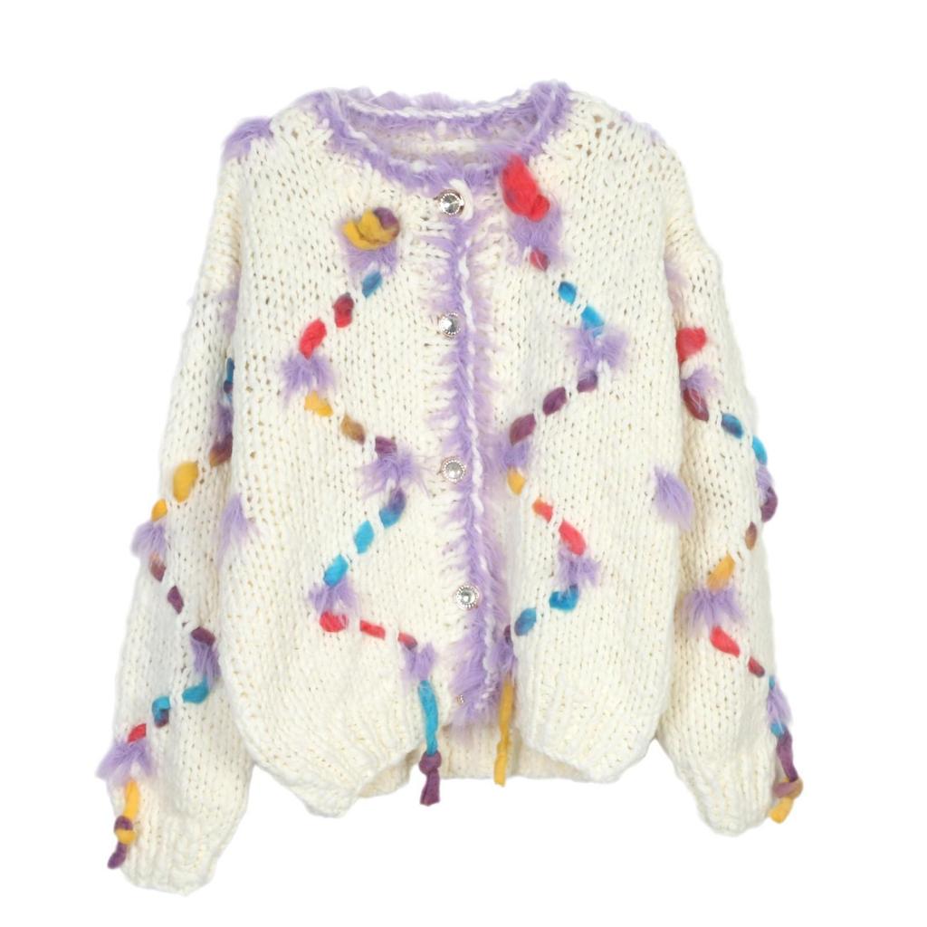 Европейский и американский модный свитер-кардиган ручной вязки крючком с вышивкой, круглым вырезом и свободного кроя для женщин - Коллекция Осень-Зима