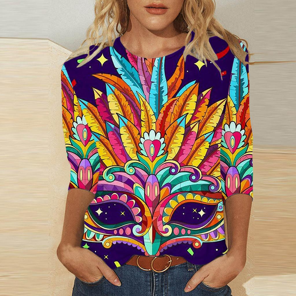 Круглый вырез 3D Карнавальная маска Печатный топ Модные повседневные длинные рукава женские футболки