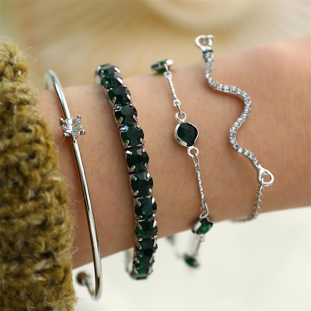 4Pcs/Set Fashion Snake Green Gemstone Bangle Rhinestone Full Metal Bracelet For Women Birthday Party Christmas Gift Jewerly