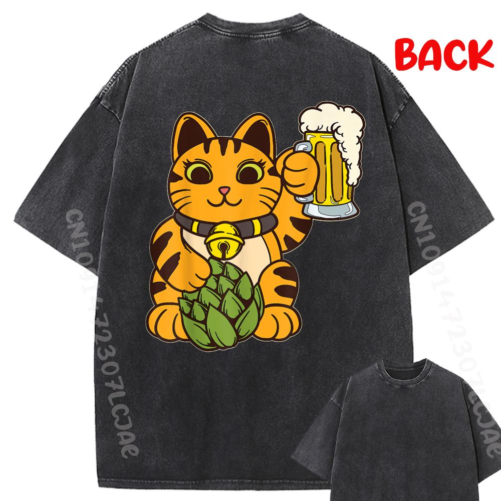 Cheers Cute Cat With Beer Cartoon Illustration For Adults Washed Tshirts Graphic T Shirts 100% Cotton High Quality Men's T-Shirt
