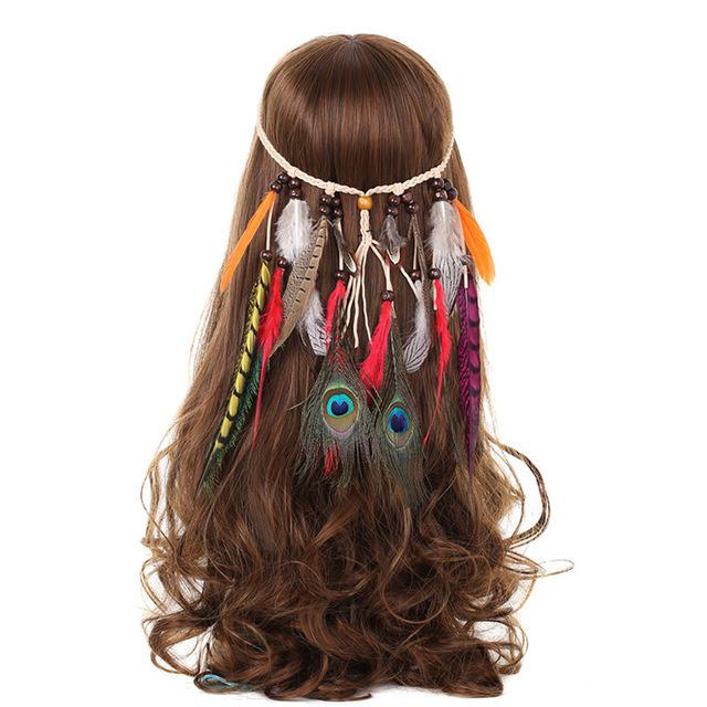 Haimeikang Bohemian Hippie Headband Dream Catcher Feather Headdress Fashion Peacock Feather Headbands Hair Accessories