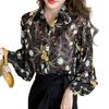 Blue Beryl Chiffon Blouse with Floral Polka Dot Puff Long Standard Loose Women's Print, Pattern, Sleeves, Sleeves, Sheer, Color, Fit, BB068-BK-S