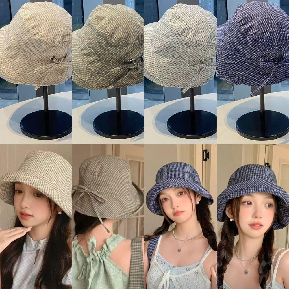 Korean Style Wide Brim Bucket Hats Summer Sunshade Basin Caps Plaid Bucket Hats Sun Protection