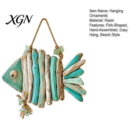 Housewarming Coastal Gifts Fish Handmade Wall Decor, Rustic Hanging Ornament with Sea Glass Nautical Ornaments Jute Rope, Bohemian Beach Style Art for