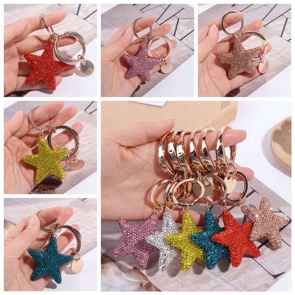 Artificial-Encrusted Couple Keychain Five-Pointed Star Bag Pendant Creative Car Keyring Party
